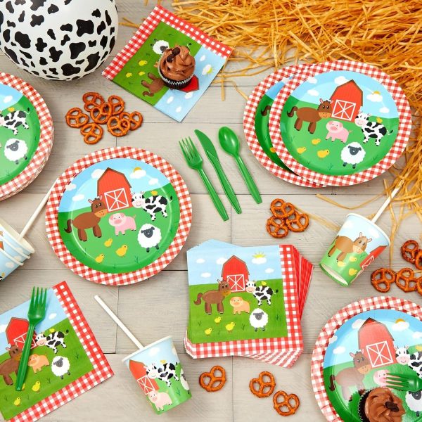 Juvale 144-Piece Barnyard Birthday Party Supplies Set, Farm Animal Party Decorations With Paper Plates, Dinner Napkins, 9 oz Cups, and Plastic Cutlery (Serves 24 Guests) - Image 3