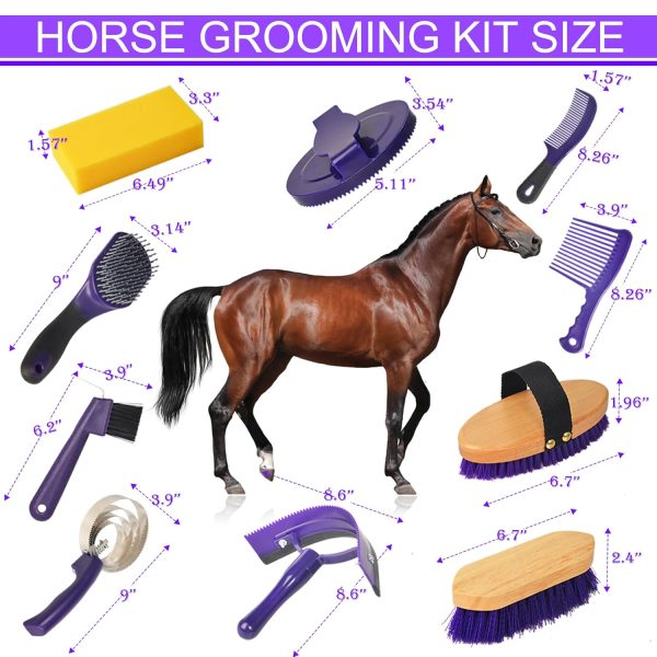 Horse Grooming Kit, 11 Piece Horse Bathing Supplies with Organize Bag, Horse Washing Full Body Kit, Including Sweat Scraper, Bath Sponge, Hoof Pick, Massage Comb(Purple） - Image 4