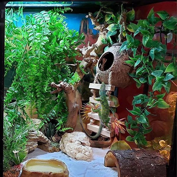 6PCS Crested Gecko Coconut Hut, Lizard Coco Den with Ladder and Reptile Hammock Bearded Dragon Tank Accessories Climbing Hanging Plants Jungle Vine Flexible Reptile Leaves Decor - Image 7