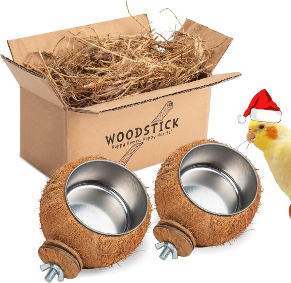 WOODSTICK Coconut Pet Feeder Bowl Set - Removable Stainless Steel Cup - Hanging Pet Cage Bowl - Food & Water Feeder Coop Cup for Small Animals Birds, Ferrets, Hamsters, Chinchillas, 2pcs