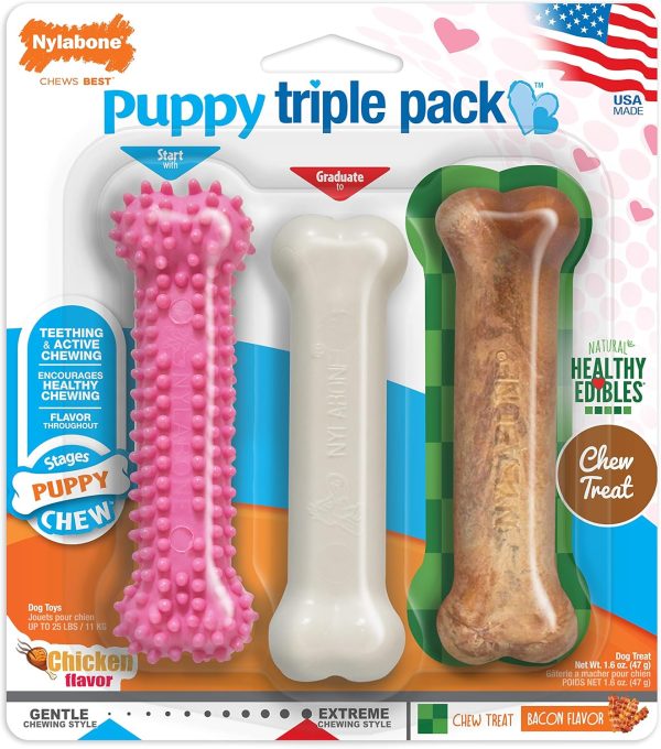 Nylabone Puppy Triple Pack - Pink Puppy Teething Toy, Nylon Dog Toy, & Chew Treat Variety Pack - Puppy Supplies - Chicken and Bacon Flavors, Small/Regular (3 Count) - Image 9