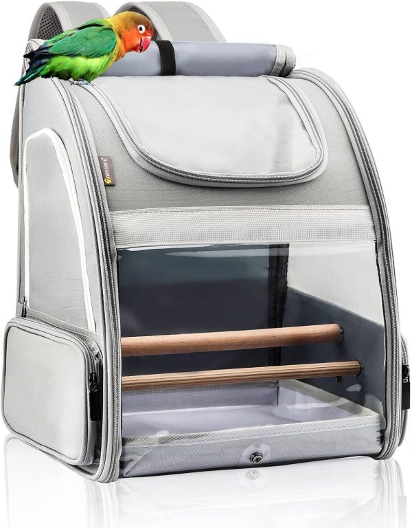 Texsens Bird Carrier Backpack - Pet Travel Cage with Upgraded Tray and Standing Perches, Breathable & Portable, for Small Birds, Green Cheek, Cockatiel, Parrot (Grey)