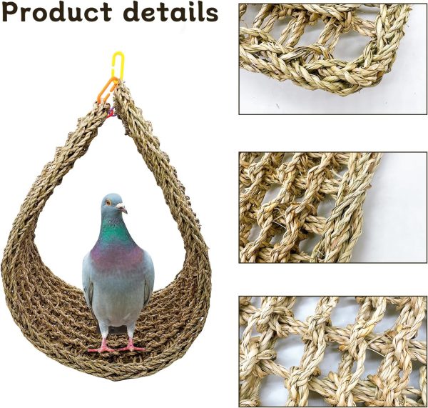 Bird Seagrass Mat 39.4×7" Natural Grass Woven Net Hammock Hanging on Parrot Cage with Hooks Parakeet Climbing Rope Ladder Chew Toys for Lovebird Cockatiel Conure Budgie Cockatoo Supplies - Image 5