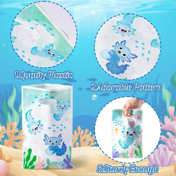 50Pcs Blue Axolotl Party Favor Bag - Amphibian Themed Waterproof Goodie Bag with Die Cut Handles Reptile Animals Water Plants Plastic Gift Bags for Kids Birthday Baby Shower Decors Supplies - Image 3