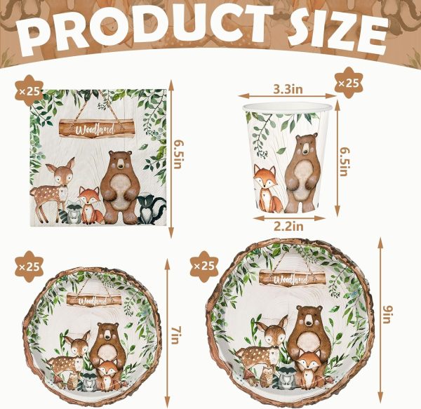 100Pcs Woodland Animal Baby Shower Tableware Set Forest Creature Friend Paper Plates Napkins and Cups Disposable For 25 Guest Birthday Holiday Party Supplies - Image 2