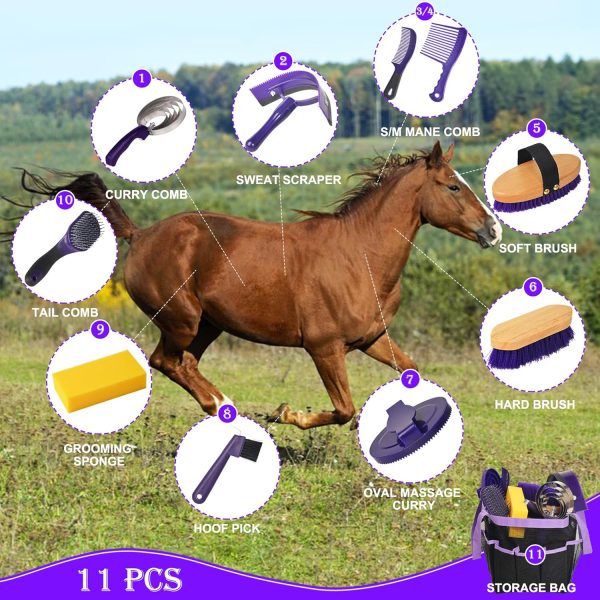 Horse Grooming Kit, 11 Piece Horse Bathing Supplies with Organize Bag, Horse Washing Full Body Kit, Including Sweat Scraper, Bath Sponge, Hoof Pick, Massage Comb(Purple） - Image 2