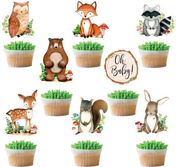 Ercadio 32 Pcs Double-sided Woodland Party Cupcake toppers Picks Woodland Decor Woodland Animals Cake Woodland Theme Baby Boy Girl Birthday Favors Woodland Party Supplies