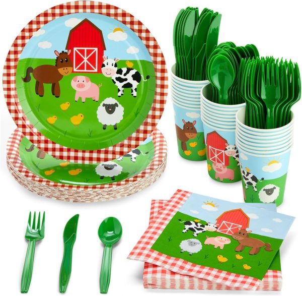 Juvale 144-Piece Barnyard Birthday Party Supplies Set, Farm Animal Party Decorations With Paper Plates, Dinner Napkins, 9 oz Cups, and Plastic Cutlery (Serves 24 Guests)