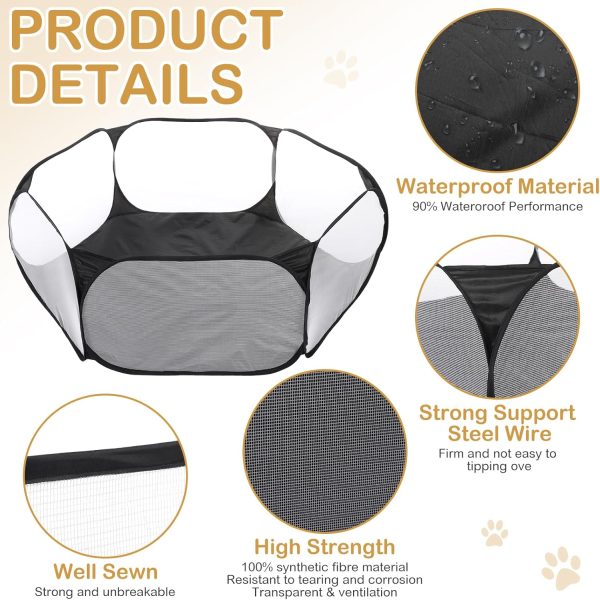 Hamster Playpen with Mat Small Animal Cage Tent Breathable Transparent Guinea Pig Playpen Waterproof Portable Yard Fence Mat Foldable Exercise Playpen Outdoor Indoor (Black,Star) - Image 5