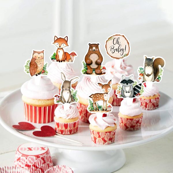 Ercadio 32 Pcs Double-sided Woodland Party Cupcake toppers Picks Woodland Decor Woodland Animals Cake Woodland Theme Baby Boy Girl Birthday Favors Woodland Party Supplies - Image 3