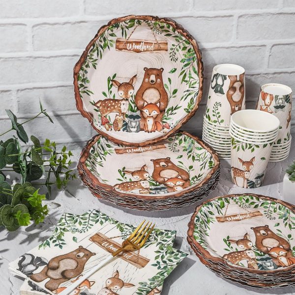 100Pcs Woodland Animal Baby Shower Tableware Set Forest Creature Friend Paper Plates Napkins and Cups Disposable For 25 Guest Birthday Holiday Party Supplies - Image 4