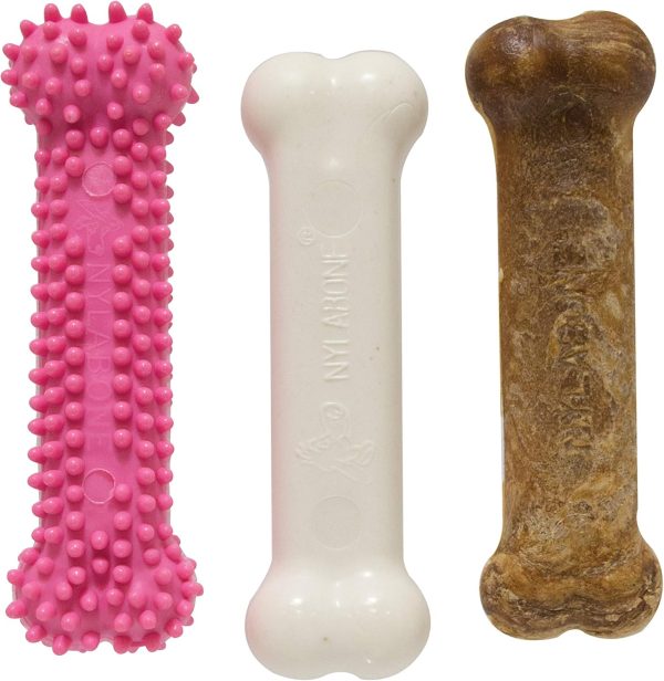 Nylabone Puppy Triple Pack - Pink Puppy Teething Toy, Nylon Dog Toy, & Chew Treat Variety Pack - Puppy Supplies - Chicken and Bacon Flavors, Small/Regular (3 Count)