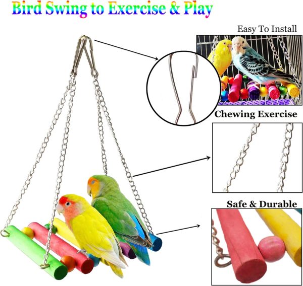 8 Pcs Parakeet Cockatiel Bird Toys, Hanging Bell Pet Bird Cage Hammock Swing Toy Wooden Perch Chewing Toy for Budgerigar, Conures, Love Birds, Finches, Mynah - Image 4