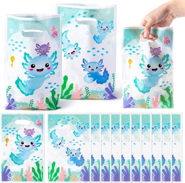 50Pcs Blue Axolotl Party Favor Bag - Amphibian Themed Waterproof Goodie Bag with Die Cut Handles Reptile Animals Water Plants Plastic Gift Bags for Kids Birthday Baby Shower Decors Supplies