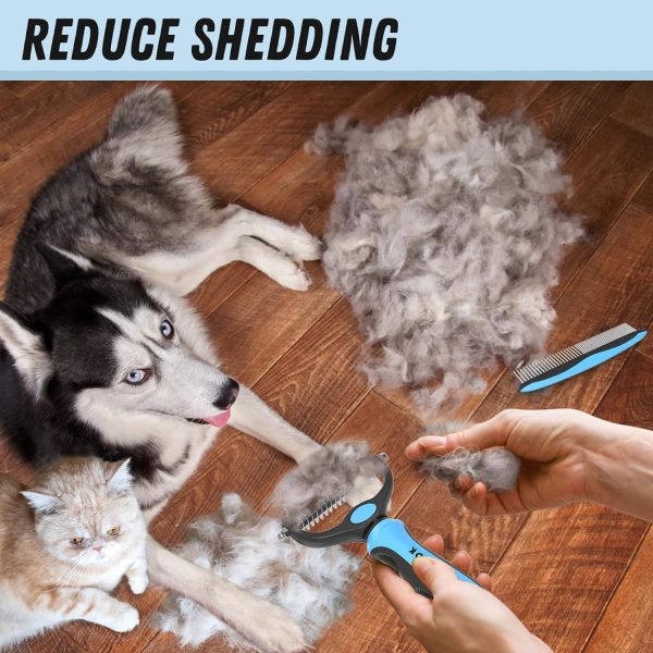 Pet Grooming Combo - Blue Deshedding Brush with Metal Comb for Detangling and Dematting Long, Matted Fur on Cats and Dogs - Image 5