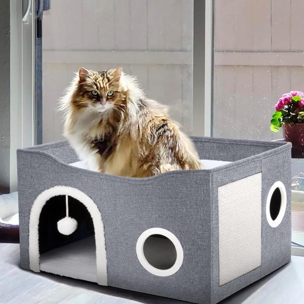 Heeyoo Cat House for Indoor Cats - Large Cat Bed Cave with Fluffy Ball and Scratch Pad, Foldable Cat Condos, Cat Cubes, Cat Hideaway, Covered Cat Bed - Image 7