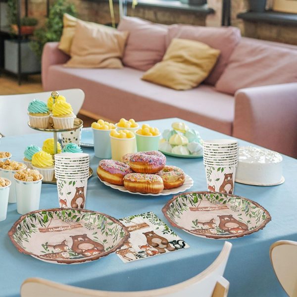 100Pcs Woodland Animal Baby Shower Tableware Set Forest Creature Friend Paper Plates Napkins and Cups Disposable For 25 Guest Birthday Holiday Party Supplies - Image 6