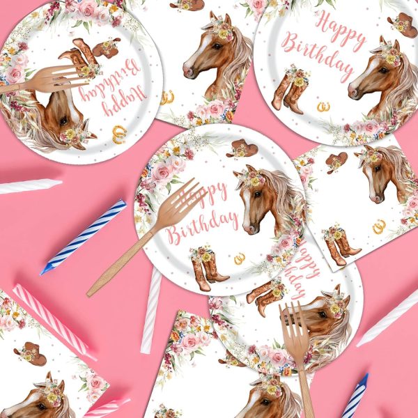 96pcs Cowgirl Horse Birthday Party Tableware Set Decorations Western Horse Plates Napkins Girl Saddle Up Horse Happy Birthday Party Supplies Serves 24 Guests - Image 5