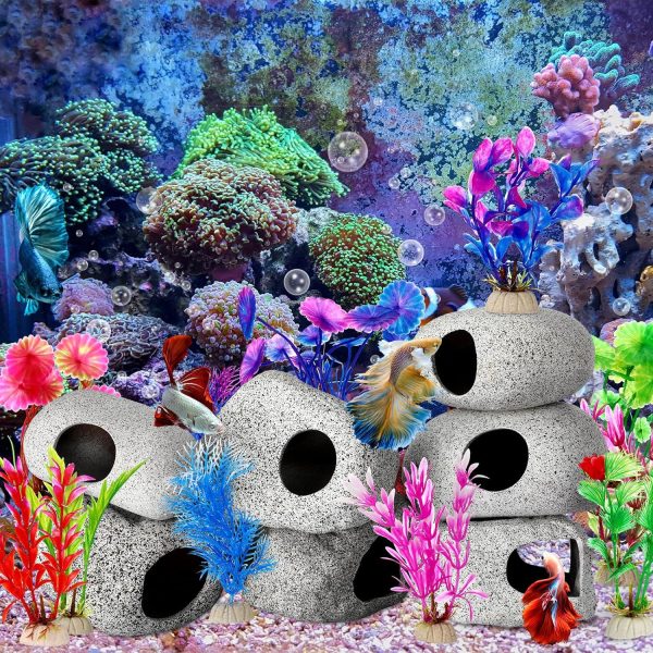 Lyrow 22 Pieces Fish Tank Accessories Set 10 Pcs Ceramic Aquarium Hideaway Rock Cave 12 Pcs Aquarium Plants Decor for Aquatic Pets to Breed, Play and Rest Betta Cave Shrimp Habitat, Breeding Tube - Image 4