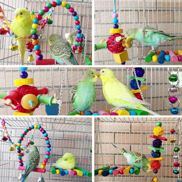 8 Pcs Parakeet Cockatiel Bird Toys, Hanging Bell Pet Bird Cage Hammock Swing Toy Wooden Perch Chewing Toy for Budgerigar, Conures, Love Birds, Finches, Mynah - Image 6