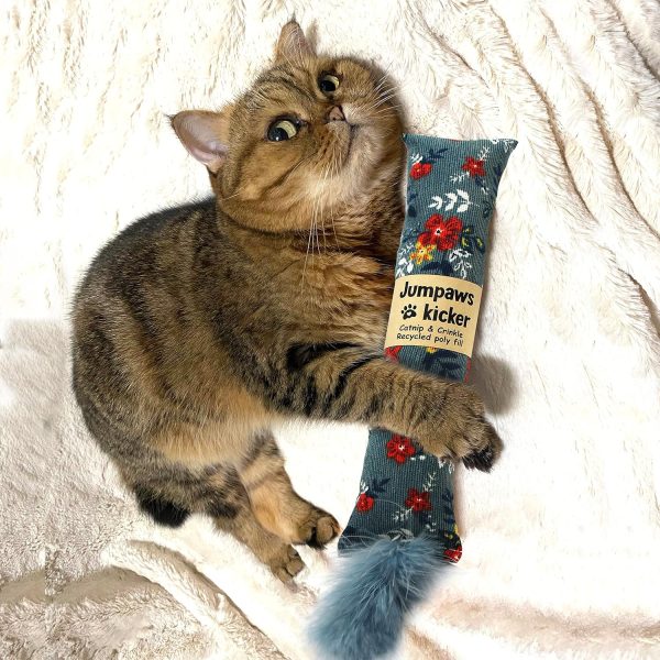 2 Pack Natural Interactive Catnip & Silvervine Cat Kicker with Feathers, Bite Resistant Chew Toy, Crinkle Kicker, Accessories for Indoor Cat, Premium Corduroy Floral - Image 3