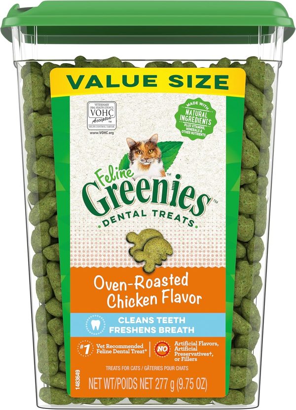 FELINE GREENIES Adult Dental Cat Treats, Oven Roasted Chicken Flavor, 9.75 oz. Tub