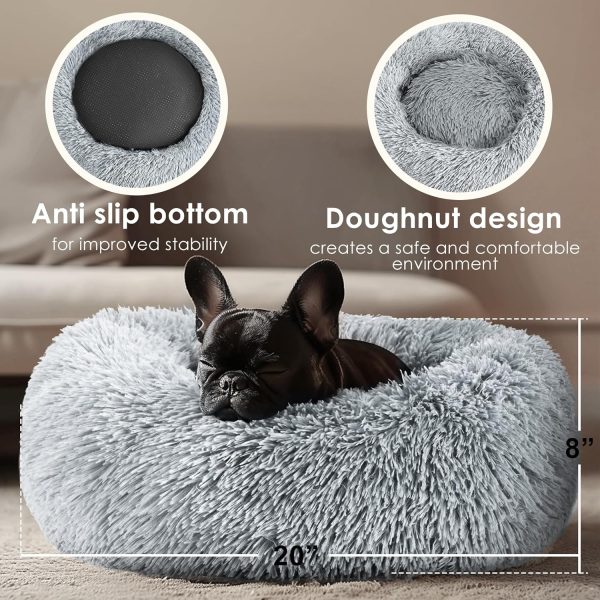 Hoewina Dog & Cat Bed, 20in Cat Beds for Indoor Cats, Calming Donut Bed for Puppy and Kitten, Washable Round Fluffy Pet Bed for Small Medium Dogs and Cats (Light Grey) - Image 3