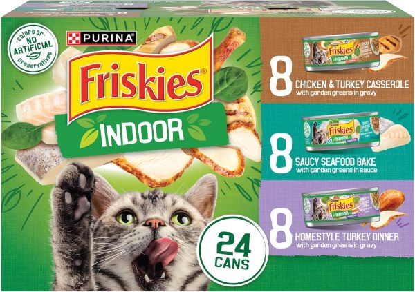 Purina Friskies Indoor Cat Food 24ct VP - (Chicken and Turkey Casserole, Saucy Seafood Bake, Homestyle Turkey Dinner) - (Pack of 24) 5.5 oz. Cans