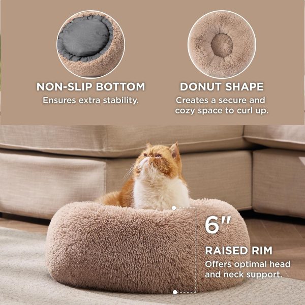 Bedsure Calming Cat Beds for Indoor Cats - Small Cat Bed Washable 20 inches, Anti-Slip Round Fluffy Plush Faux Fur Pet Bed, Fits up to 15 lbs Pets, Camel - Image 2