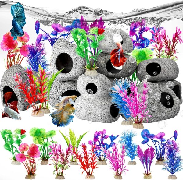 Lyrow 22 Pieces Fish Tank Accessories Set 10 Pcs Ceramic Aquarium Hideaway Rock Cave 12 Pcs Aquarium Plants Decor for Aquatic Pets to Breed, Play and Rest Betta Cave Shrimp Habitat, Breeding Tube