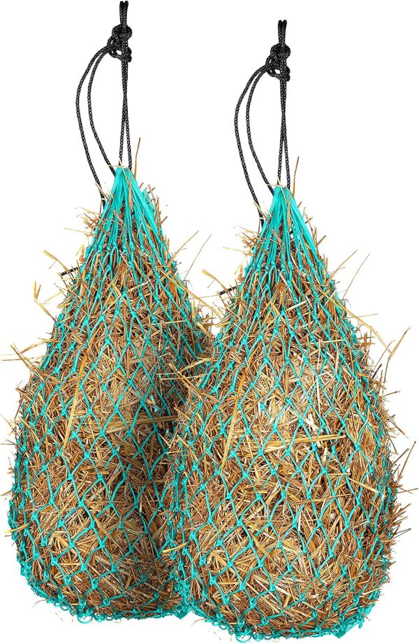 Majestic Ally 2 pcs 42" Long and 2.0"x 2.0" Holed Hay Net for Horses, Adjustable Travel Feeder, Regulate Intake of Hay hence Improve Digestion and Reduce Waste (Turquoise) (Turquoise)