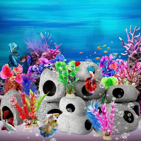 Lyrow 22 Pieces Fish Tank Accessories Set 10 Pcs Ceramic Aquarium Hideaway Rock Cave 12 Pcs Aquarium Plants Decor for Aquatic Pets to Breed, Play and Rest Betta Cave Shrimp Habitat, Breeding Tube - Image 6