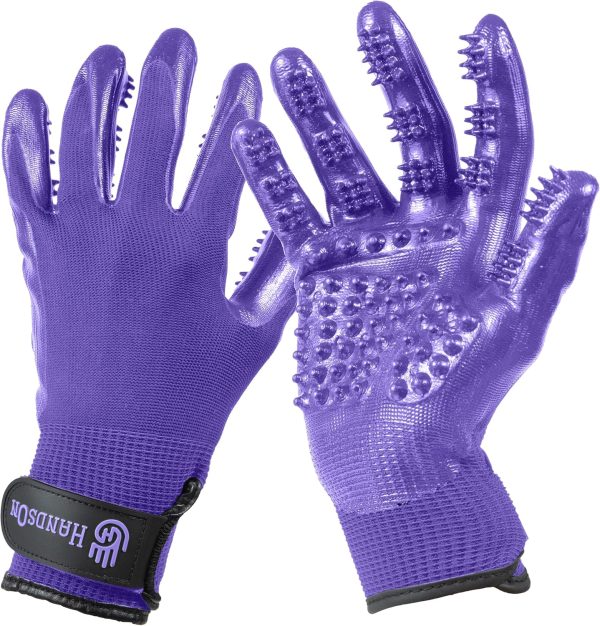 H HandsOn Pet Grooming Gloves - Patented #1 Ranked, Award Winning Shedding, Bathing, & Hair Remover Gloves - Gentle Brush for Cats, Dogs, and Horses (Mono Purple, Large)