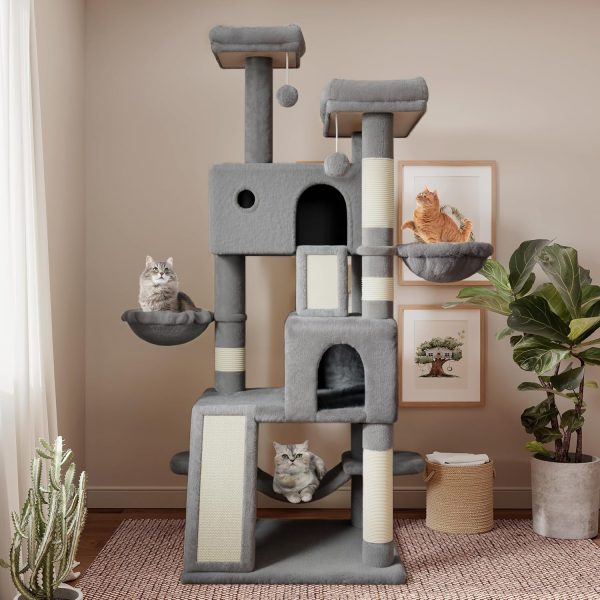 SHA CERLIN 65in Larger Cat Tree Tower Condo for Indoor Cats, Multi-Level Furniture Activity Center with Wide Base/Cozy Plush Cat Perches/Baskets/Sisal Scratching Posts and Hammock/Grey - Image 2