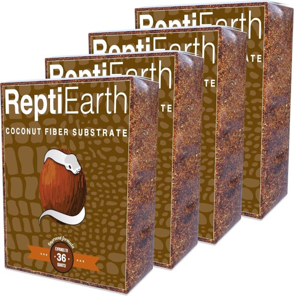 ReptiEarth Reptile Bedding, Fluffy Coconut Fiber Substrate 36 Quart Organic Coco Ready to Use for Bioactive Snake Terrarium, Lizard Tanks with Plants, for Frog, Tarantula or Hermit Crab Habitat (4 Pk)