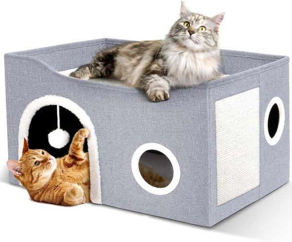 Heeyoo Cat House for Indoor Cats - Large Cat Bed Cave with Fluffy Ball and Scratch Pad, Foldable Cat Condos, Cat Cubes, Cat Hideaway, Covered Cat Bed