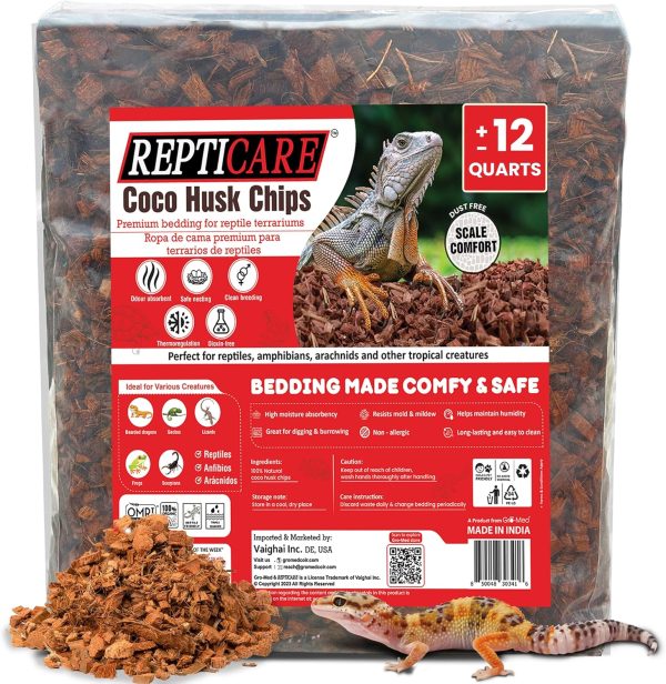 ReptiCare Coconut Husk Chips 12 Quarts of Ready to Use Organic Coco Husk Bedding for Ball Pythons, Snakes, Tortoises, Crested Geckos, Frogs, or Lizard Terrarium Tanks - 2.87 lb