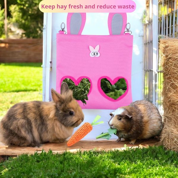 Hanging Rabbit Hay Feeder Bag with Chew Toys Set, Guinea Pig Hay Feeder, Bunny Feeders Holder Storage for Small Pets Bunnies Chinchilla Guinea Pigs Hamster Rats (Pink) - Image 5